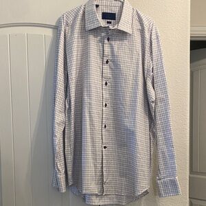 David Donahue White and Purple Check Trim Fit Button Up Shirt, 18.5, 36/37